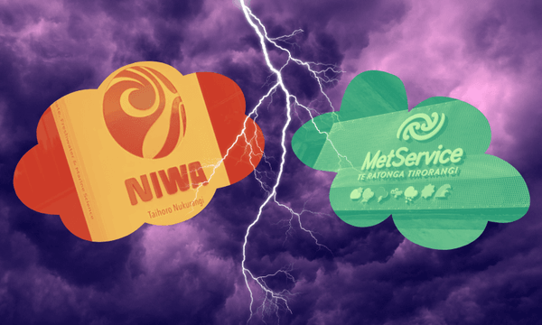 a purple stormy sky divided by a lightning bolt, with Niwa sign in a cloud shape with an orange filter in a cloud on the left and a Metservice sign with a green filter in a cloud on the right side