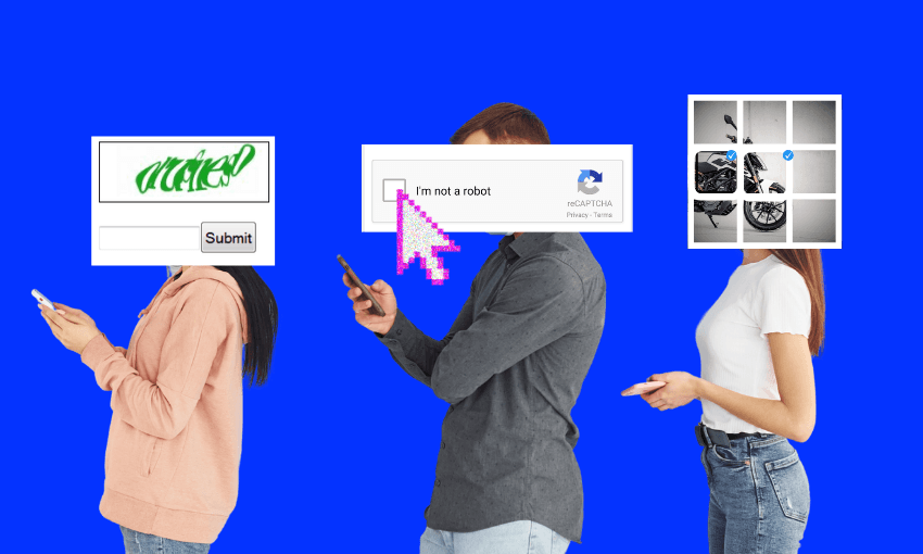 three people stand in a row on a bright blue background looking at their phone. their heads are replaced by CAPTCHA systems, with one having distorted text, another a grid of images containing a blurry morbike, and one having a box saying "I am not a robot" with a mouse hovering over it