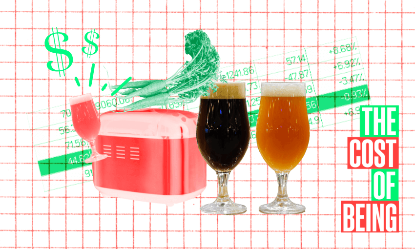 A pink breadmaker with green dollar signs and carrots on top, two glasses of beer (one dark, one light) in front of a graph with numbers. Text on the right reads "The Cost of Being!.