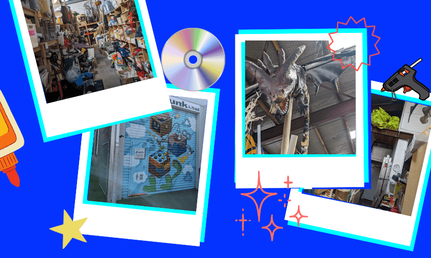 a somewhat chaotic collection of polaroid type framed photos on a bright blue background, of a colourfully decorated warehouse door, a dragon on the ceiling, and shelves of stuff, with some sparkles, stars and hot glue guns to make it seem full of possibility