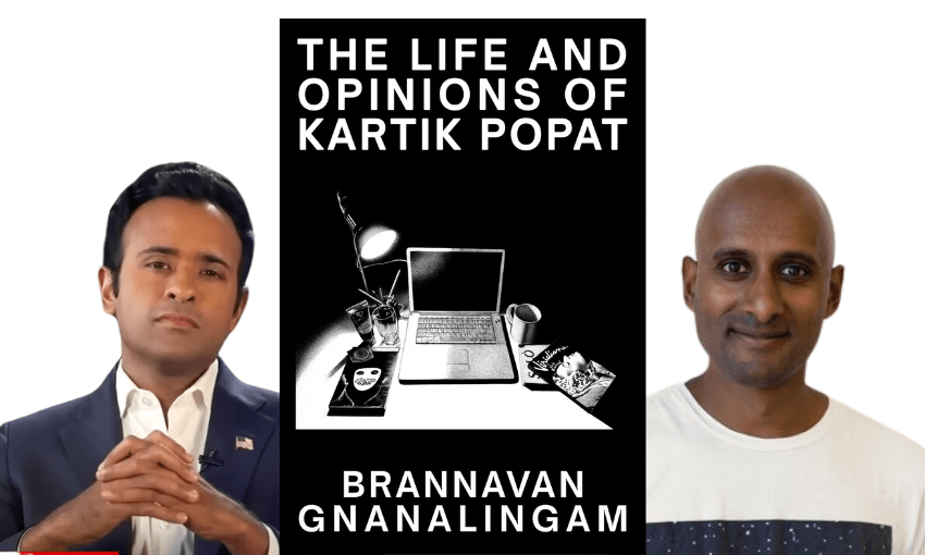 vivek ramaswamy, a brown skinned man wearing a suit, brannavan gnanalingam, a smiling brown skinned man in a tshirt, and the black and white cover of Gnanalingam's new novel, featuring a laptop and a lamp 