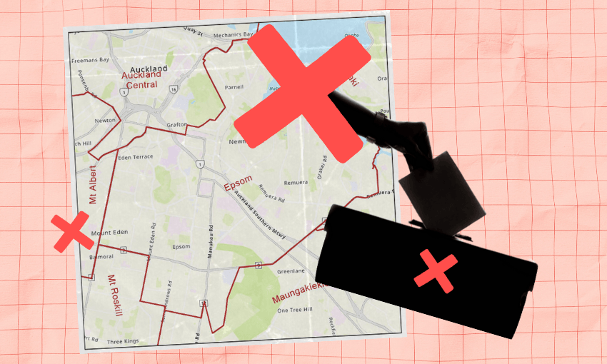 a pink grid background overlaid with an electorate map of Epsom, three red crosses and a black silhouette-style image of a hand putting a voting paper into a ballot box