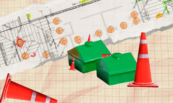 grid paper background overlaid with a ripped building plan, two green monopoly houses and several road cones