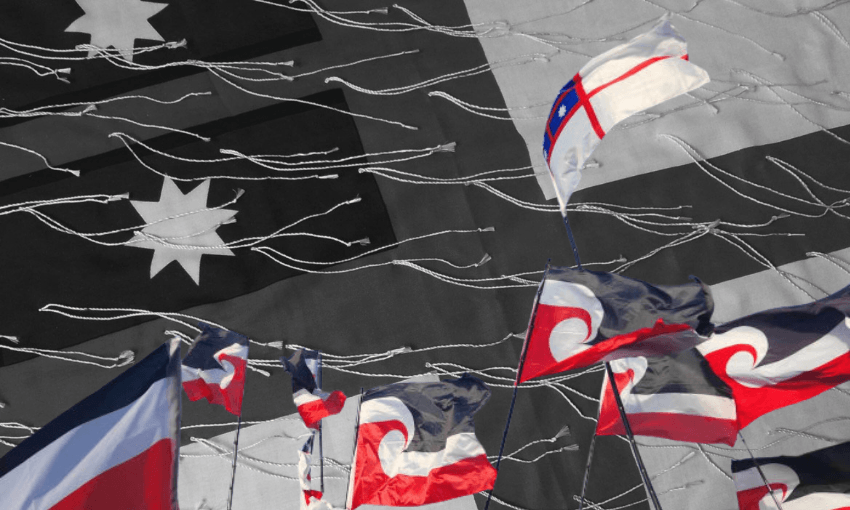 A collage featuring a black-and-white flag in the background and colourful flags with white koru designs on red backgrounds in the foreground.