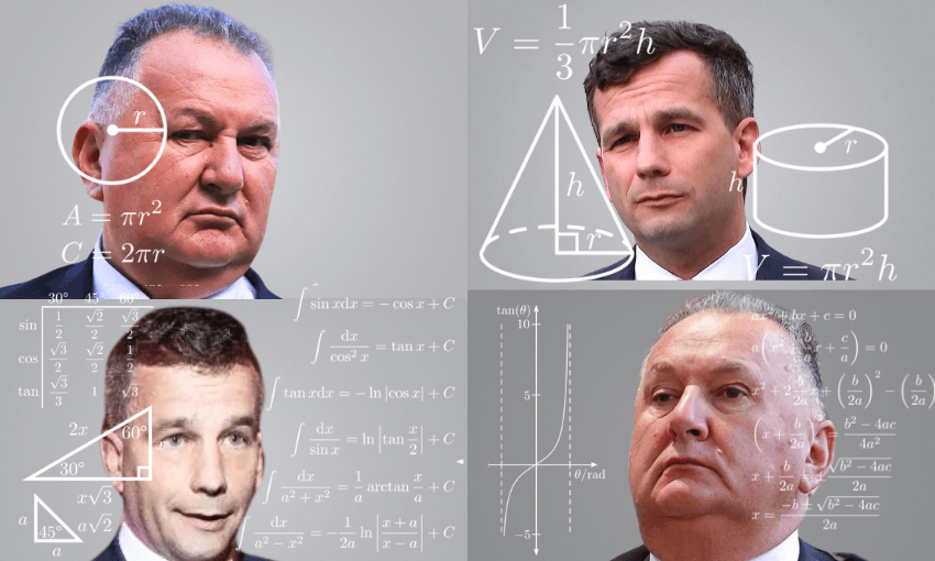 Shane Jones and David Seymour with serious expressions, overlaid with mathematical formulas and diagrams including a circle and cone.