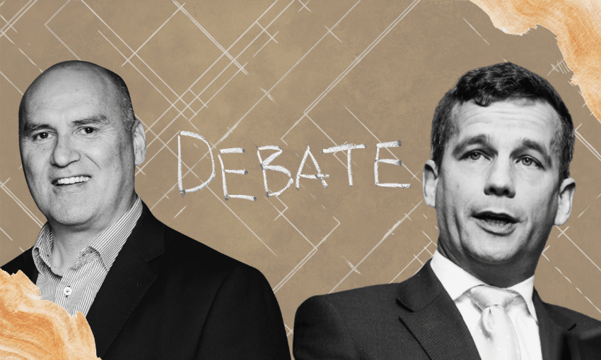 Helmut Modlik and David Seymour in black and white on a brown background with the word "debate" in between them both.