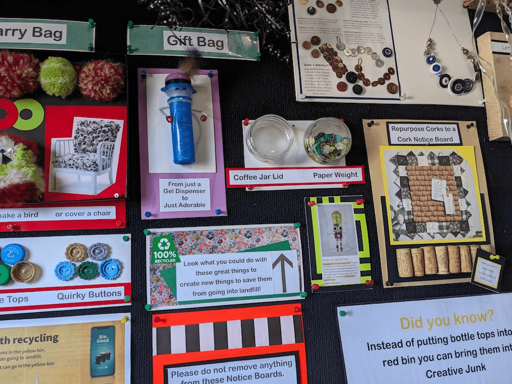 a corkboard with posters showing how corks can become a desplay lamp, milk bottles can become a counting game and other ideas for reusing everyday rubbish