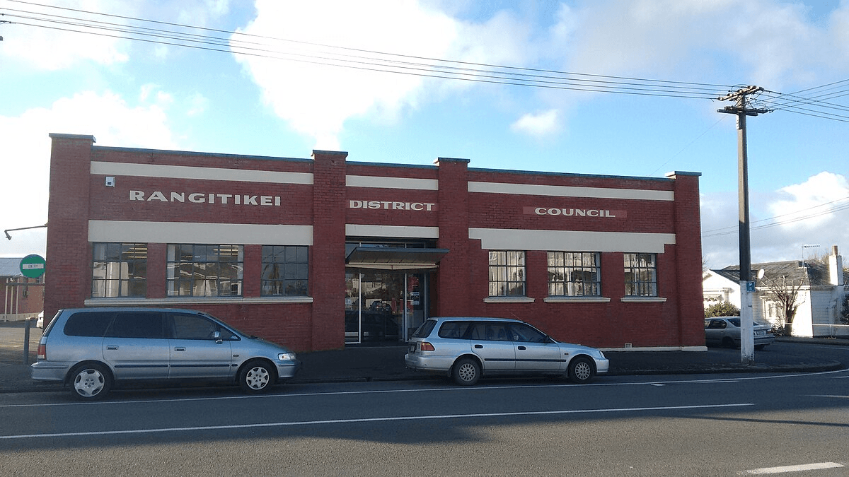 A brick council building in Marton, New Zealand on a sunny day