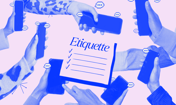 a pale pink and bright blue image, with lots of hands holding phones and a list that says "Etiqquette" with wee check marks