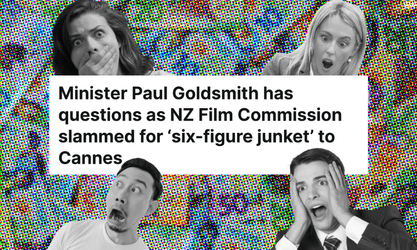 Four people express shock in black and white cutouts against a pixelated money background. A headline reads: "Minister Paul Goldsmith has questions as NZ Film Commission slammed for ‘six-figure junket’ to Cannes.