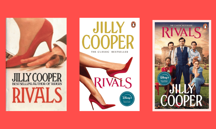 Three different covers of the book "Rivals" by Jilly Cooper are displayed. The first features red heels, the second an elegant leg with a red high heel, and the third shows the cast of the Disney+ TV show, including Alex Hassell, David Tennant, Aidan Turner, Bella Maclean and Nafessa Williams.