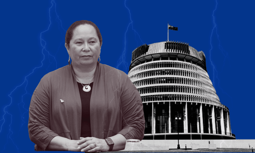 Nicole McKee and the beehive in black and white against a navy blue background with three lightning strikes