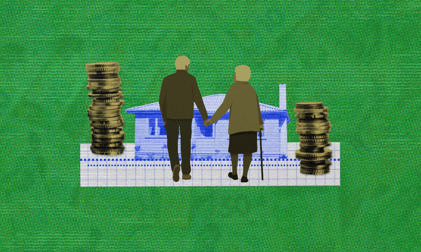 An elderly couple holds hands, standing on a piece of lined paper in front of a blue house. Stacks of coins are on both sides, all set against a textured green background.