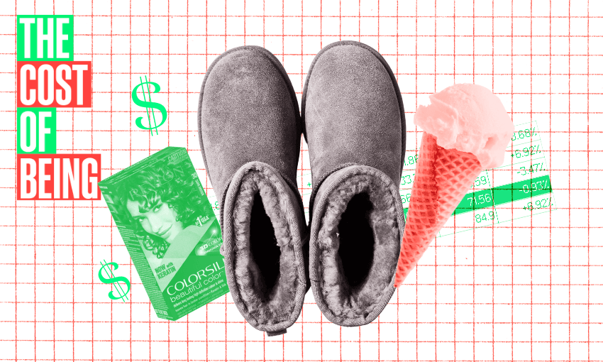 A pair of gray fluffy boots, a pink ice cream cone, and a box of hair dye are placed against a gridded background. Dollar signs are scattered around, with green and red numbers showing prices. Text reads "The Cost of Being.