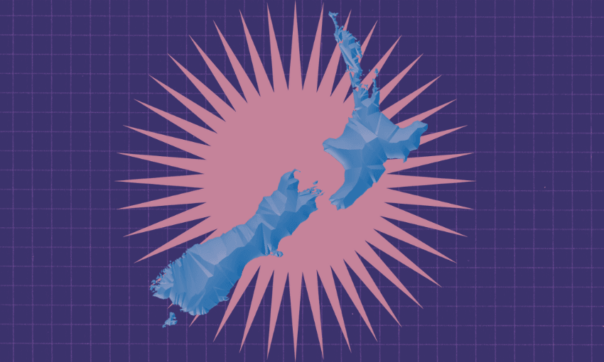 a purple grid background overlaid with a pink starburst overlaid with a 3D blue NZ map