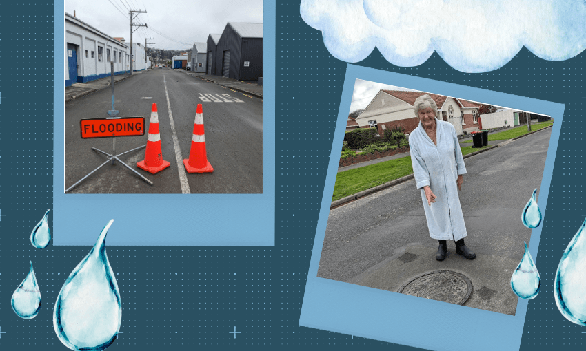 a blue background with some images of clouds and raindrops; a photo of a woman in a dressing gown pointing at a storm drain and some coad coanes closing a street that says 'flooding'