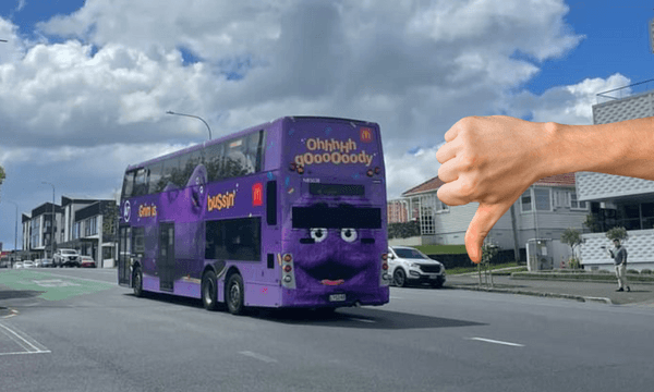 The sexy Grimace bus in low res after the photographer spent too long shaking their head at it 
