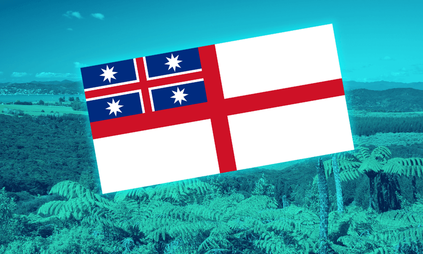 a blue background of sky and ferns, with the white flag of the United tribes of New Zealand imposed on it at a jaunty angle