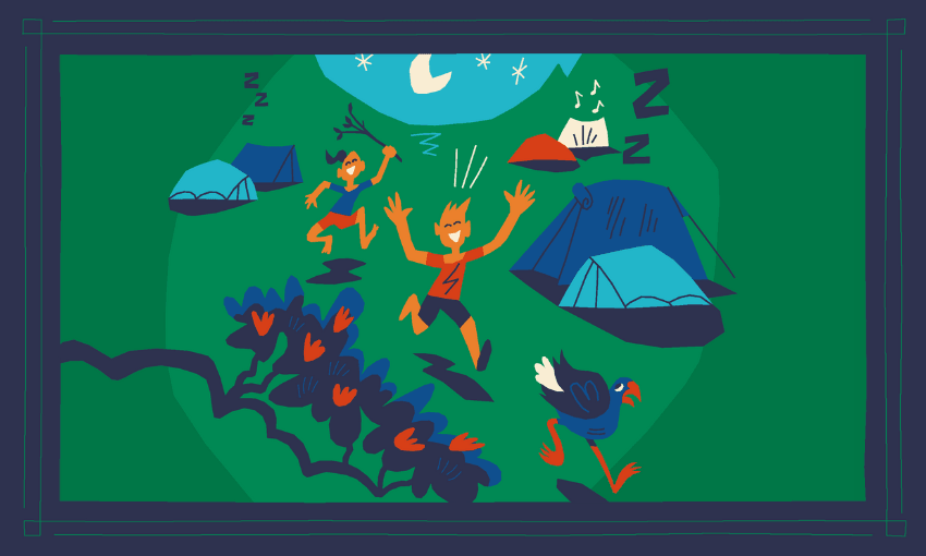 illustration of people running around a campsite