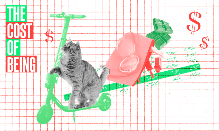 A gray cat sits on a green scooter with a red makeup bag in the background. The image features a graph and dollar signs, with the words "THE COST OF BEING" in bold red and green text on the left.