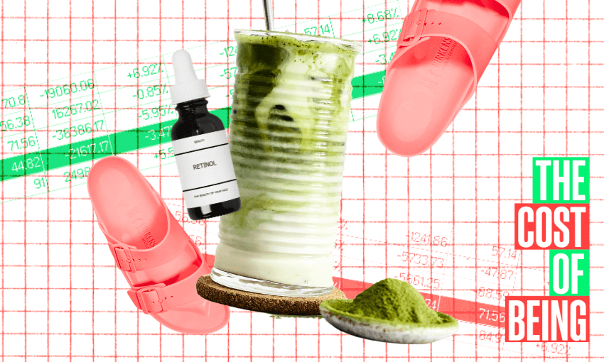 A collage featuring neon pink sandals, a dropper bottle labeled "Retinol," a frothy green matcha drink, and a spoonful of matcha powder. In the background, financial graphs with numbers and the text "The Cost of Being" in bold.