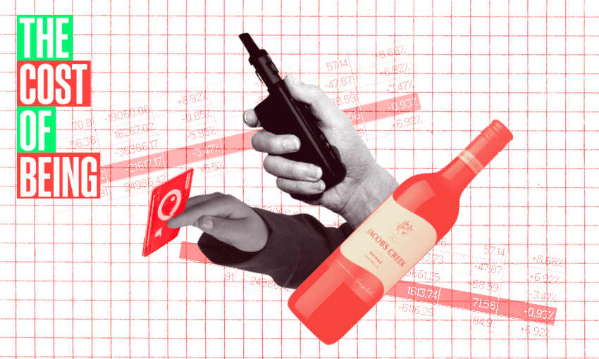 A collage featuring a vape, a travel card, and a wine bottle against a red graph background. The text "The Cost of Being" is on the left in green and red.
