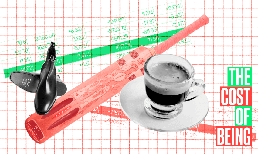 A collage with a red cricket bat, a black leather shoe, a cup of coffee, and the words "THE COST OF BEING" on a graph background. The chart has a red downward trend and a green upward trend.