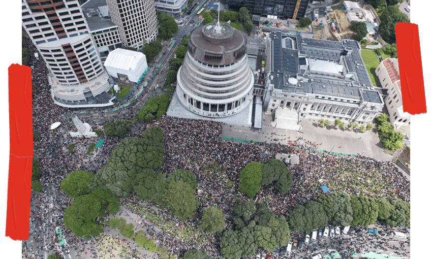 A drone shot of some of the crowd at parliament. Image credit: Keelan Walker.  
