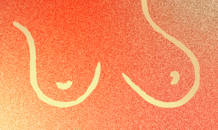 Abstract image of two stylized breast shapes on a textured, gradient background ranging from red to orange.