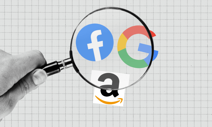 a hand holding a magnifying glass against the logos of facebook, google and amazon against a grid background