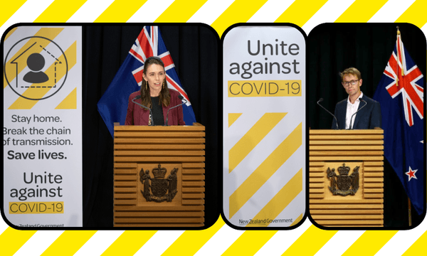 Jacinda Ardern and Ashley Bloomfield at a Covid-19 1pm briefing 
