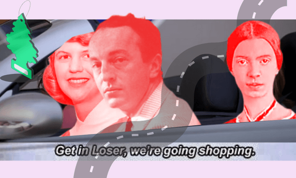 Three red-tinted figures in a car appear in a meme with the text "Get in Loser, we're going shopping." The background includes abstract elements like a winding road and a green tree shape.