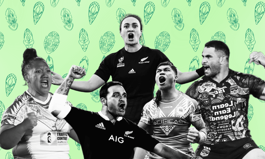 A collage of five rugby and rugby league players from different teams passionately celebrating against a green background with tiki illustrations. The image is in black and white, except for the background.