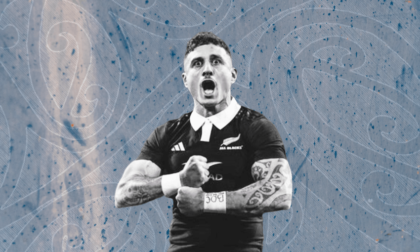 TJ Perenara made sure he made a statement with his final haka as All Black. (Image: instagram.com/allblacks with additional design by Liam Rātana) 
