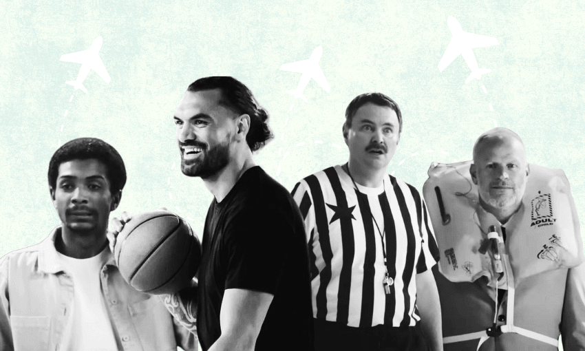 A black and white collage featuring four men: one holding a basketball, one smiling, one in a referee uniform, and one wearing an inflatable life jacket. Airplane graphics and contrails are in the background.