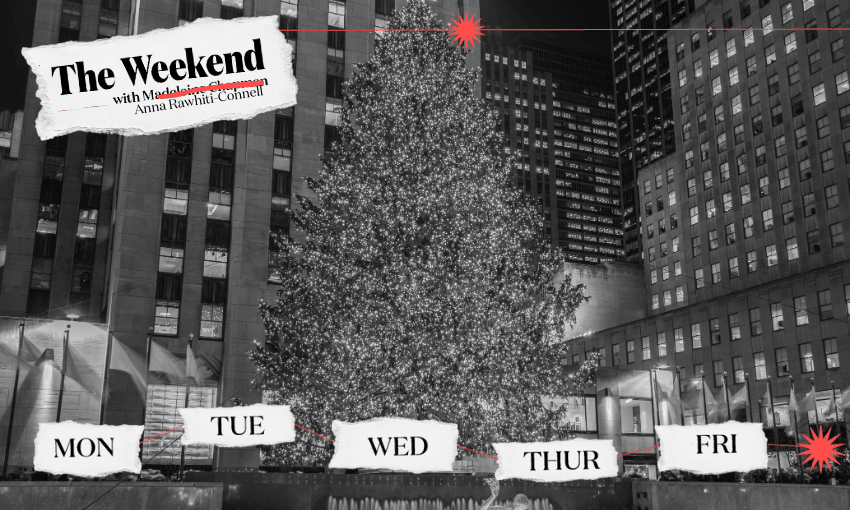 A black and white photo of the large Christmas tree at the Rockefeller Centre in New York