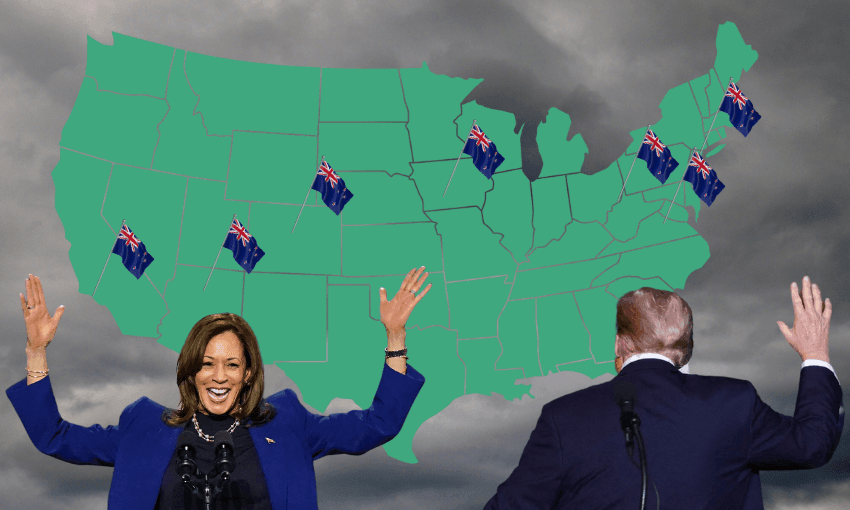 A map of the United States with New Zealand flags on several states. Two people, one wearing a blue outfit raising their arms and the other dressed in a dark suit, are in the foreground against a cloudy sky.