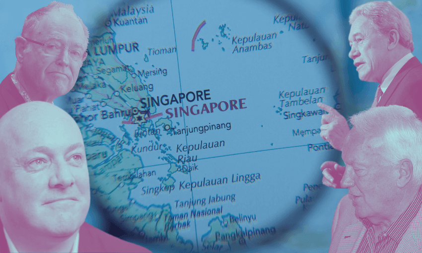 A map highlighting Singapore, surrounded by four men in different positions. Two are at the top and two at the bottom, with varying expressions. The map and figures are shown in blue, pink, and white tones.