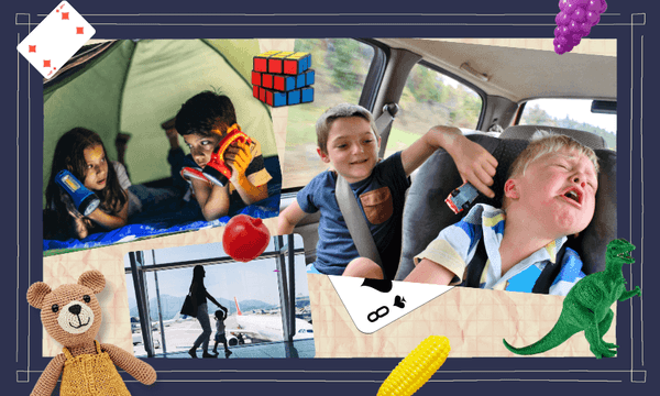 A collage of children: two in a tent holding torches, one boy in a car seat smiling, another boy crying, a silhouette of a person with luggage and a toddler at an airport, and various toys surrounding the images.