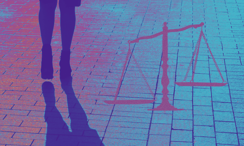 Silhouette of a person in heels walks on a brick path. A scale of justice is superimposed over the pavement to the right, all in a blue and purple color tone.