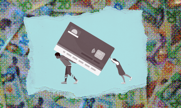 Two people struggling to carry an oversized credit card. The background is a colorful mosaic pattern, and the card features typical details like a chip and contactless symbol.