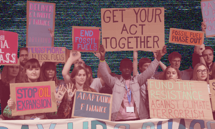 Protesters at Cop29 in Baku on November 22, 2024 (Photo: Sean Gallup/Getty Images; additional design The Spinoff) 
