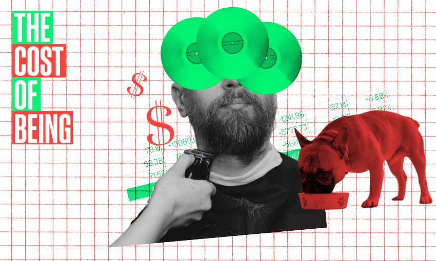 A man trims his beard with clippers, while a red-tinted dog eats from a bowl. Green vinyl records float above, and a grid background displays financial charts and dollar signs. Text on the left reads "The Cost of Being".