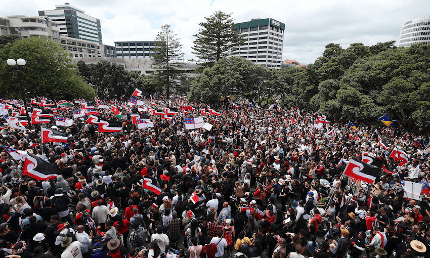 A landscape image of parliament grounds with thousands of people gathered in protest. Many holding red, white and black tino rangatiratanga flags. Trees and nearby buildings fill the background