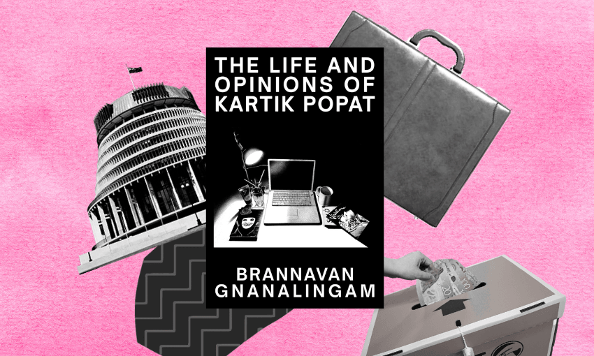 a pink background with a briefcase, a boting booth and the beehive spilling out from the back of the black and white cover of the life and opinions of kartik popat