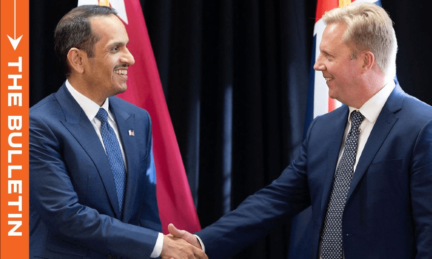 Qatar’s PM Sheikh Mohammed bin Abdulrahman Al-Thani (L) shakes hands with Todd McClay prior to a bilateral meeting on August 21, 2024. (Photo by MARTY MELVILLE/AFP via Getty Images) 
