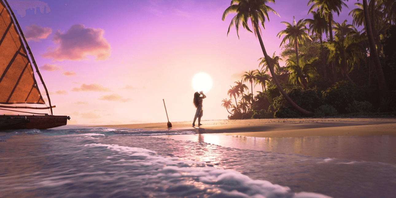 A tropical beach scene at sunset with a silhouette of a person near the water's edge. A sailboat is on the left, and palm trees line the shore under a vibrant pink and purple sky. The sun is low, creating a serene and warm atmosphere.