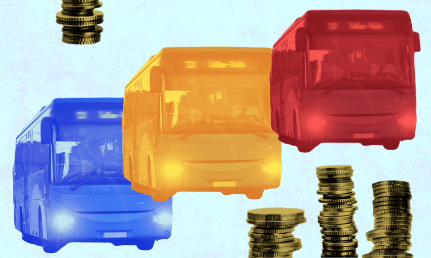 a red orange and blue bus on a light blue background surrounded by piles of coins
