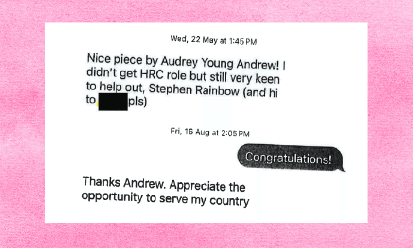 A screenshot of a text exchange. Message from May 22 mentions Audrey Young Andrew, HRC role, and Stephen Rainbow. The reply on August 16 congratulates, followed by thanks expressing appreciation for serving the country. Background is pink.