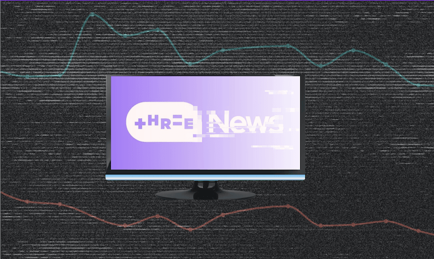 A digital illustration shows a TV displaying a pixelated news logo on a purple background. The monitor is set against a textured dark background with two fluctuating line graphs in aqua and red.